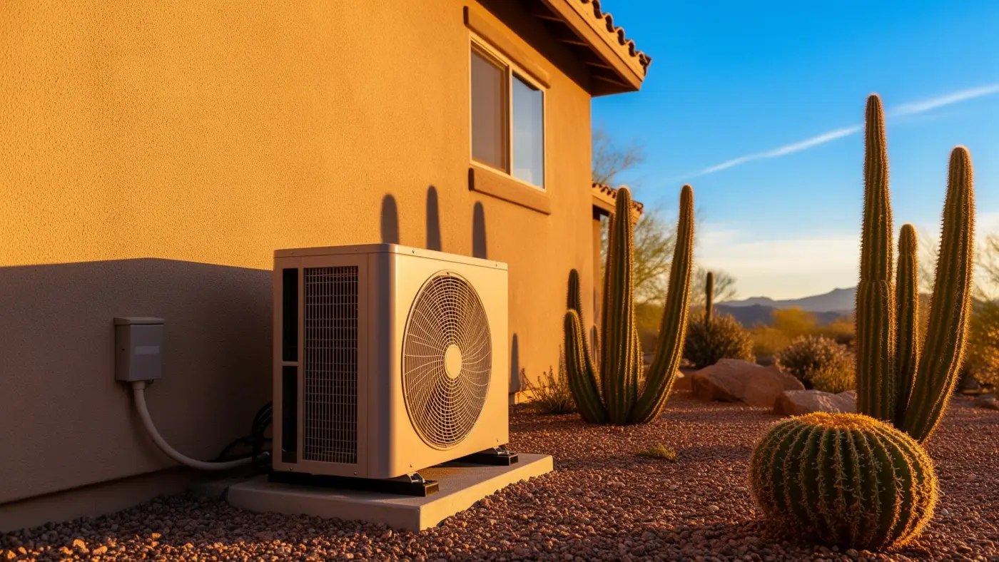 Friendly Blu Mechanical HVAC technician servicing an outdoor AC condenser
