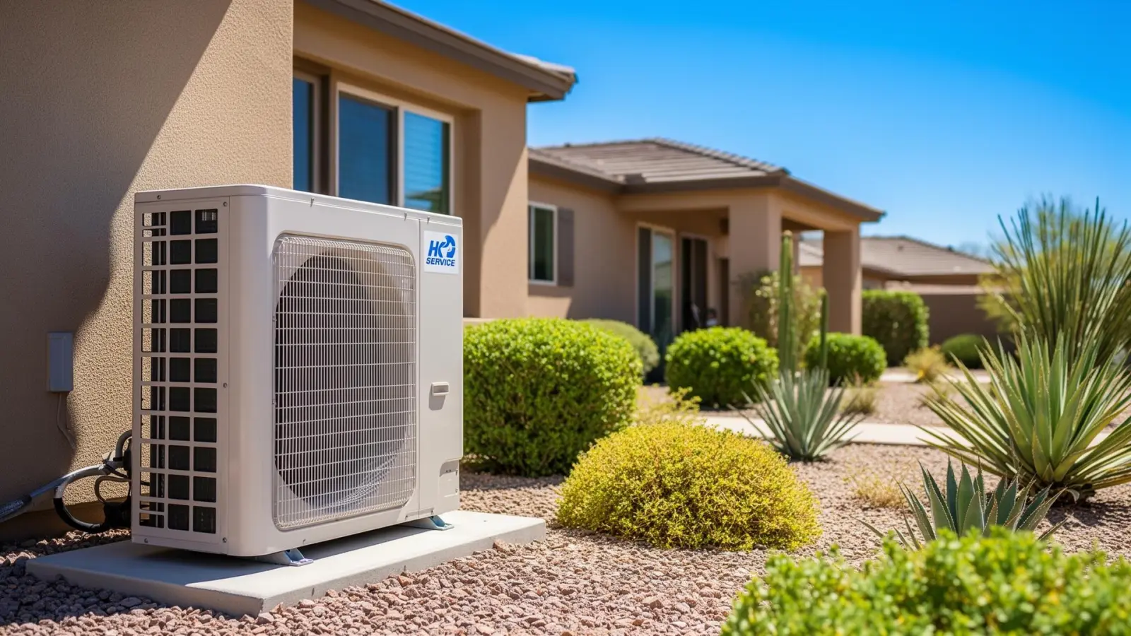 Clean residential AC condenser unit beside a bright Arizona home